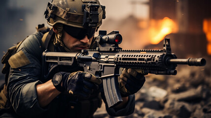 Special forces soldier in black uniform with machine gun on fire background. Military, army and war concept.