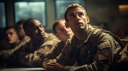Fototapeta premium Military training. Selective focus of serious soldier looking at camera while sitting in military training room