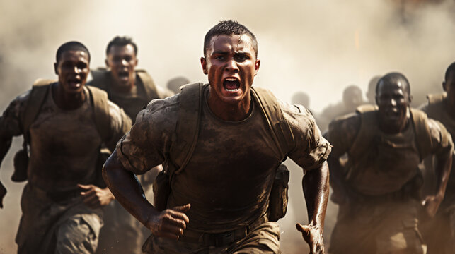 Portrait of a young soldier in military uniform running in the training