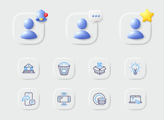 Dishes, Qr code and Swipe up line icons. Placeholder with 3d star, reminder bell, chat. Pack of Phone message, Game console, Energy icon. Popcorn, Court building pictogram. Vector