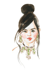 Watercolor portrait of Asian woman with Down Syndrome. Hand drawn fashion illustration. Inclusive concept - 674824738