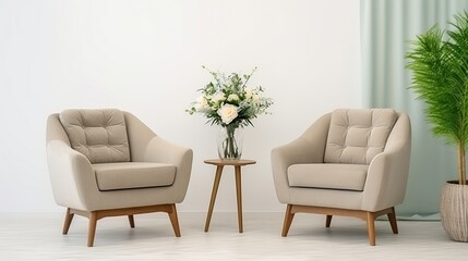 Two beige retro armchairs stand near green flower in pot. Modern beige interrior