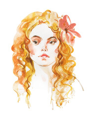 Watercolor portrait of European woman with Down Syndrome. Painting fashion illustration. Inclusive concept