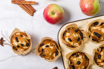 Homemade muffin with apples and raisins