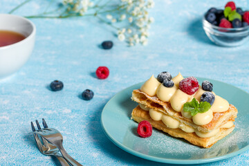 Millefeuille cake. Close-up