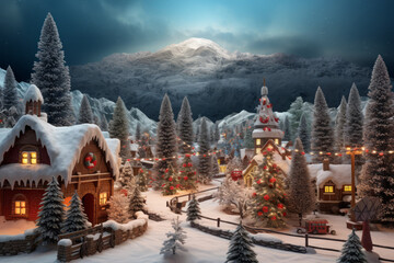 Santa's village hidden behind the mountains surrounded by Christmas trees and snow