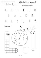 Letter Coloring Worksheet for Kids Activity Book. For Letter L upper and lower case. Preschool tracing lines, shapes and coloring practice for toddler and teacher. Black and white Vector printable 