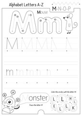 Letter Tracing Worksheet for Activity Book for kids. For Letter M upper and lower case. Preschool tracing and writing practice for toddler and teacher. Black and white Vector printable page 