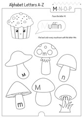 Letter Trace, find and color Worksheet for Kids Activity Book. For Letter M. Preschool activities for toddler and teacher. Black and white Vector printable page