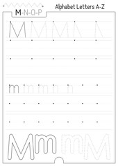 Handwriting and tracing practice for letter M uppercase and lowercase. Tracing practice page. Developing writing skills. Lined worksheet for kids workbook. Black and white Vector illustration.