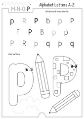 Letter Coloring Worksheet for Kids Activity Book. For Letter P upper and lower case. Preschool tracing lines, shapes and coloring practice for toddler and teacher. Black and white Vector printable