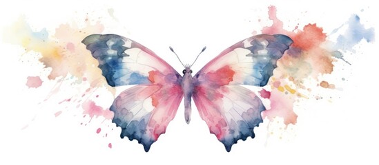 The abstract watercolor background is an isolated hand illustration of a beautiful white butterfly showcasing the breathtaking beauty of nature in the summer and spring seasons