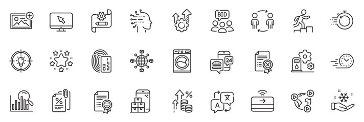 Fototapeta na wymiar Icons pack as Mobile inventory, Cogwheel blueprint and Add photo line icons for app include Search, Tax documents, Inflation outline thin icon web set. Artificial intelligence, Auction. Vector