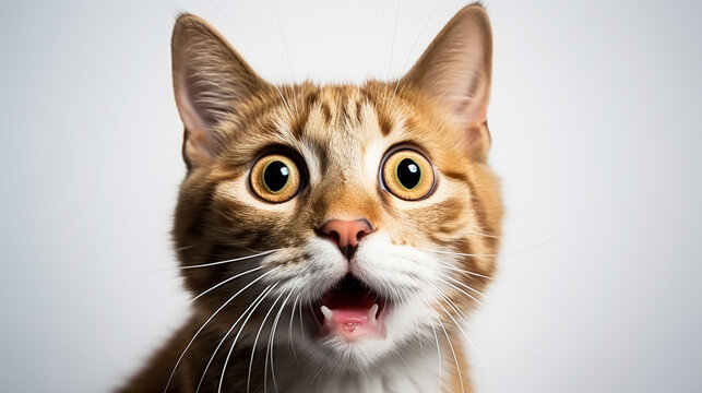 Close-up portrait of a ginger tabby cat with surprised expression on white background