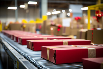 Red gift boxes gliding on a conveyor belt in a warehouse, perfect for holiday advertising, Valentine's Day, and Christmas-themed content, logistics and e-commerce.