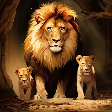 2D Picture of one lion in the middle and 2 Child lions 