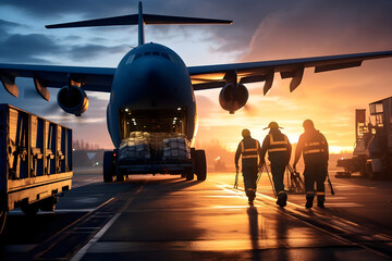 large cargo plane on the runway, loading pallets of cargo through the front  with  workers coordinating the process.logistics, shipping, and freight transportation concepts