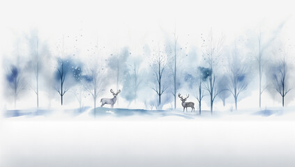 Watercolor background with two deer standing against a snowy forest. Winter horizontal banner with deer and trees