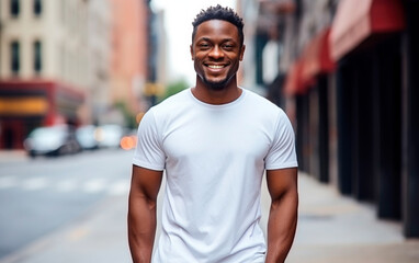 T Shirt Mockup. African american man wearing a white blank T-shirt on the city street. AI Generative