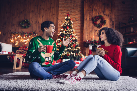 Full body photo of two funky peaceful people sit comfy carpet floor drink cacao mug chatting christmas tree garland decor flat indoors