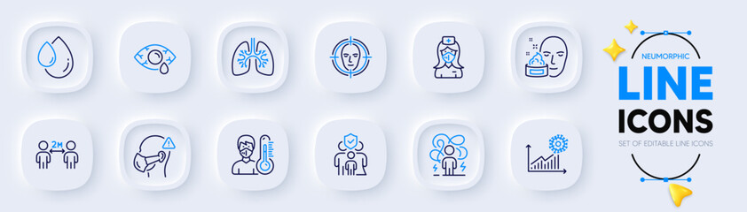 Family insurance, Medical mask and Oil drop line icons for web app. Pack of Nurse, Conjunctivitis eye, Thermometer pictogram icons. Face detect, Lungs, Coronavirus statistics signs. Vector
