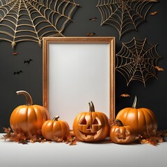 Halloween background with pumpkins spiders and empty frame for text