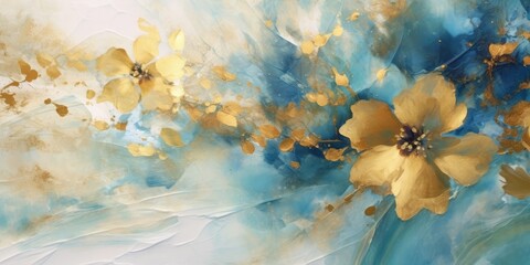 Beautiful abstract gold and blue impressionistic floral design background. beautiful Generative AI AIG32