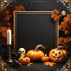 Halloween background with pumpkins skull candles and black leaves