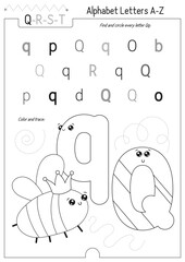Letter Coloring Worksheet for Kids Activity Book. For Letter Q upper and lower case. Preschool tracing lines, shapes and coloring practice for toddler and teacher. Black and white Vector