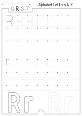 Letter tracing worksheet. Handwriting practice for letter R uppercase and lowercase. Developing writing skills. Black and white Vector lined page for kids workbook.