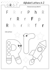 Letter Coloring Worksheet for Kids Activity Book. For Letter R upper and lower case. Preschool tracing lines, shapes and coloring practice for toddler and teacher. Black and white Vector 