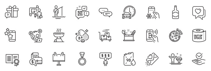 Icons pack as Refrigerator app, Whiskey bottle and Dots message line icons for app include Bitcoin pay, Accounting report, Creativity concept outline thin icon web set. Diploma. Vector