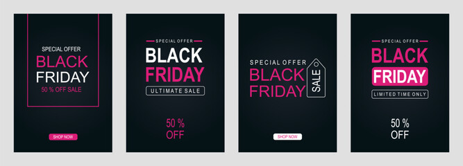 Set of black friday sale banner design template. Pink and white colors on a dark background. Black friday banner. Vector illustration