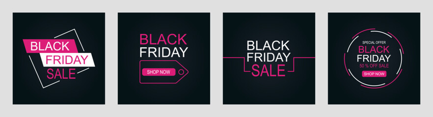 Set of black friday sale banner design template. Pink and white colors on a dark background. Black friday banner. Vector illustration