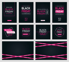 Set of black friday sale banner design template. Pink and white colors on a dark background. Black friday banner. Vector illustration