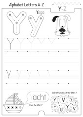 Letter Tracing Worksheet for Activity Book for kids. For Letter Y upper and lower case. Preschool tracing and writing practice for toddler and teacher. Black and white Vector 