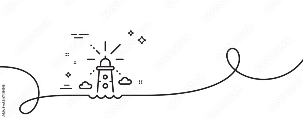 Poster lighthouse line icon. continuous one line with curl. beacon tower sign. searchlight building symbol.