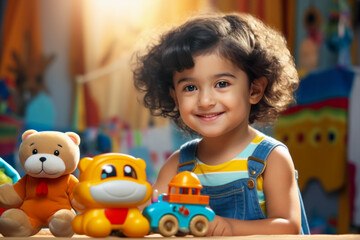 Fototapeta premium A cute little girl with curly hair playing with colourful toys.