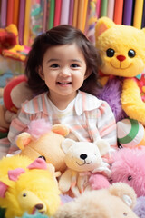 Fototapeta premium Cute smiling little girl playing in stuffed animals toys.