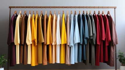 Colorful shirts hanging on a rack in a room. Generative AI.