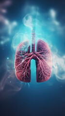 3d illustration of human lungs with smoke and blue background. Generative AI.