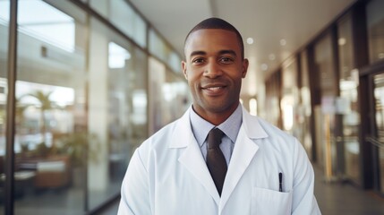 Obraz premium A man in a lab coat standing in a hallway. Generative AI.