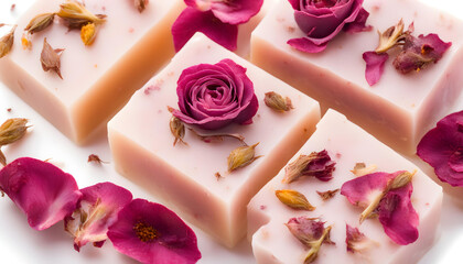 rose Natural soap with dried flowers isolated on white background