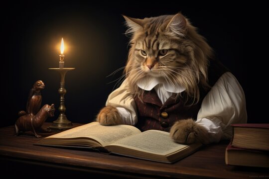 A cat in a costume reading a book. Generative AI.