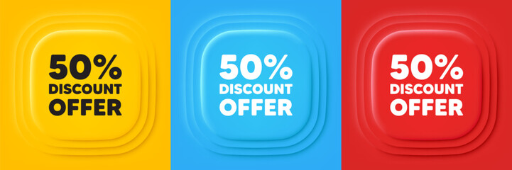 50 percent discount tag. Neumorphic offer banners. Sale offer price sign. Special offer symbol. Discount podium background. Product infographics. Vector