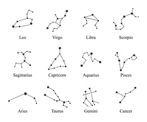 Zodiac constellations signs set vector. Constellations, collection of 12 zodiac signs with names. Gemini, Virgo, Scorpio, Libra,