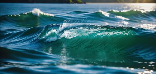 Vibrant grean and blue ocean waves. Clear turquoise water. 