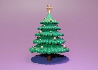 Green 3d Christmas tree with decorations. 