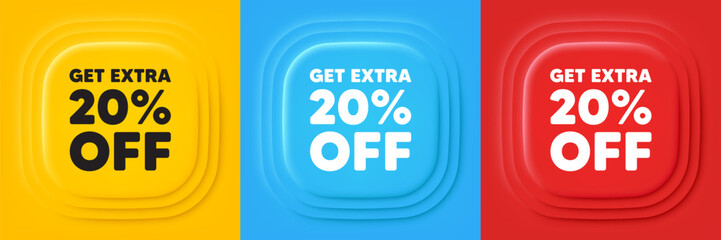 Get Extra 20 percent off Sale. Neumorphic offer banners. Discount offer price sign. Special offer symbol. Save 20 percentages. Extra discount podium background. Product infographics. Vector