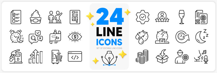 Icons set of Update time, Analysis graph and Engineer line icons pack for app with Coffee vending, Execute, Diesel station thin outline icon. Qr code, Coins, Human rating pictogram. Vector